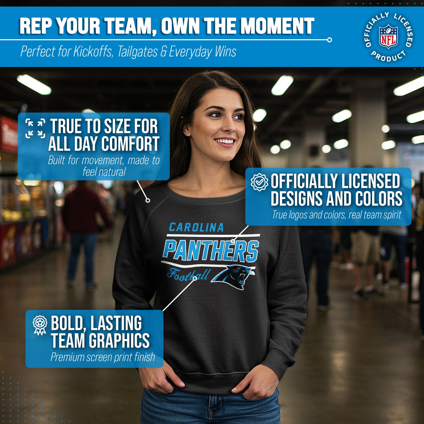Carolina Panthers NFL Womens Gameday French Terry Slouchy Top- Raglan Sleeves - Black