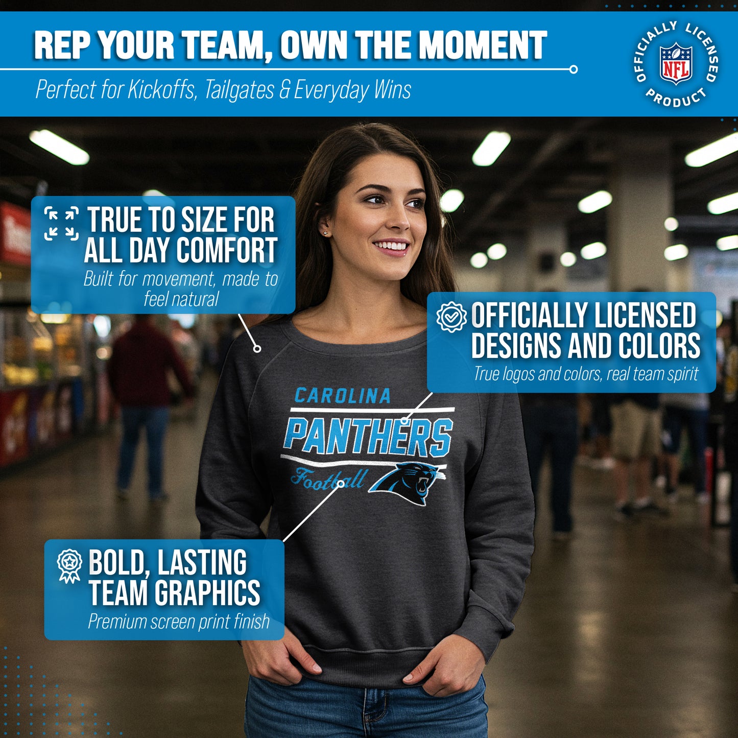 Carolina Panthers NFL Womens Gameday French Terry Slouchy Top- Raglan Sleeves - Charcoal