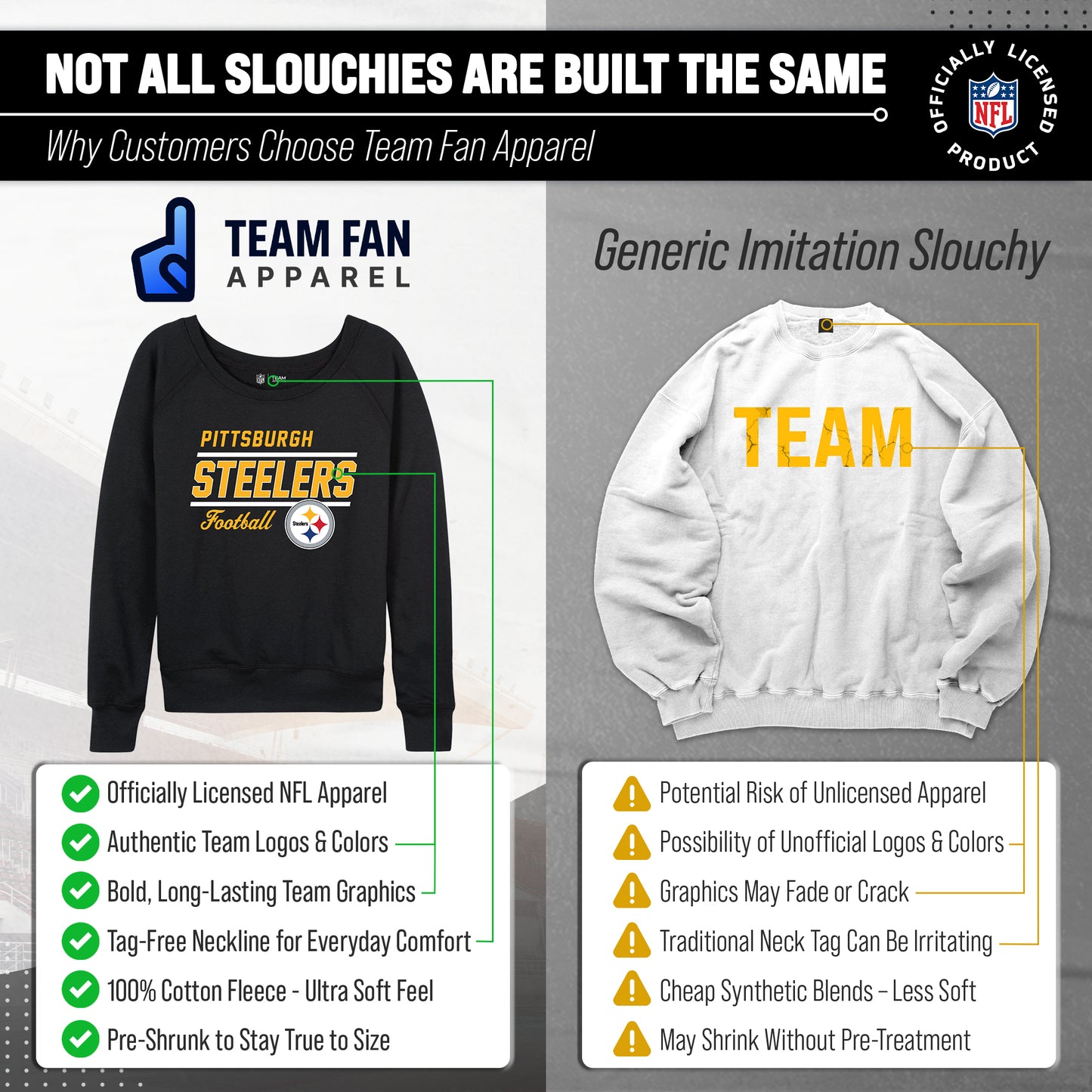 Pittsburgh Steelers NFL Womens Gameday French Terry Slouchy Top- Raglan Sleeves - Black