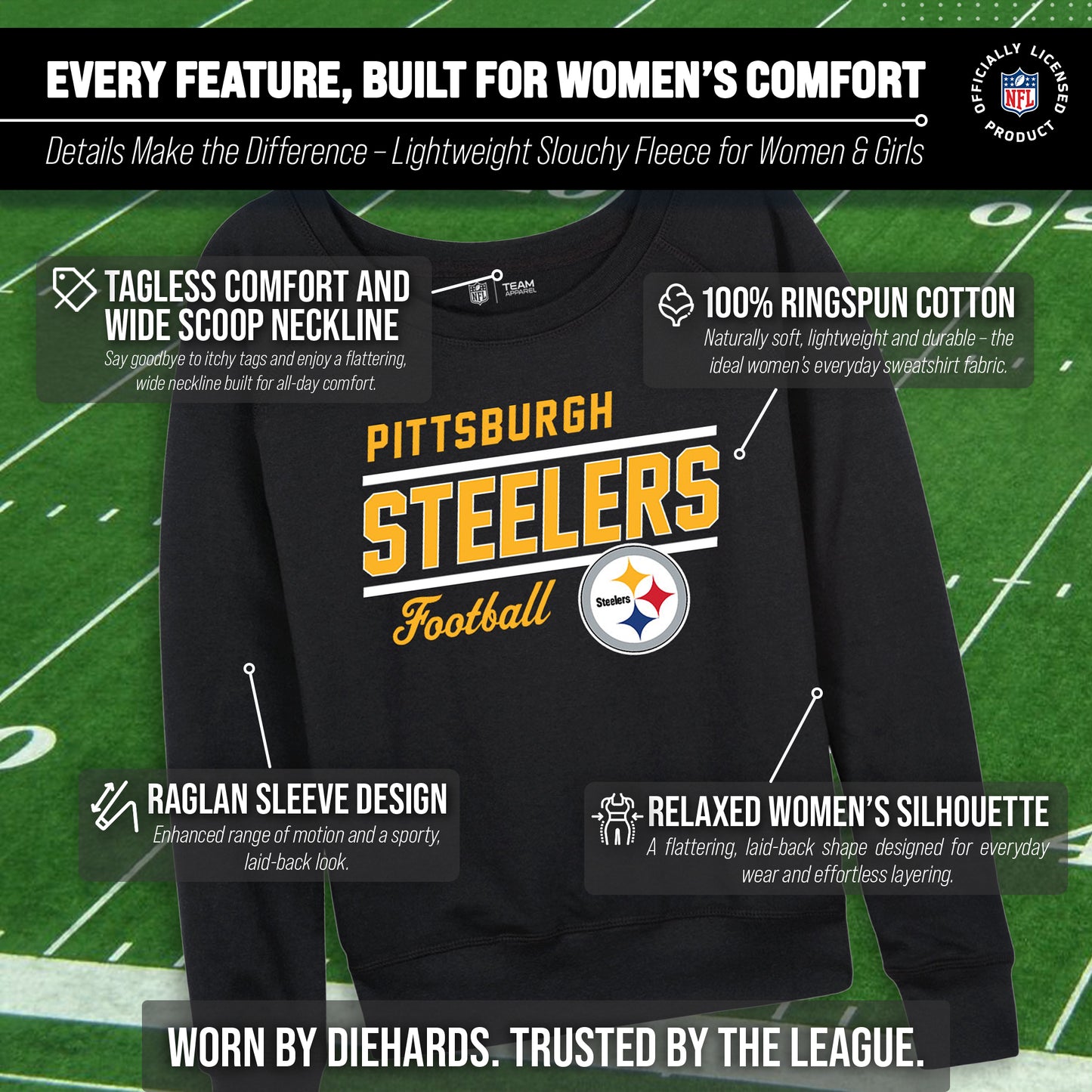 Pittsburgh Steelers NFL Womens Gameday French Terry Slouchy Top- Raglan Sleeves - Black