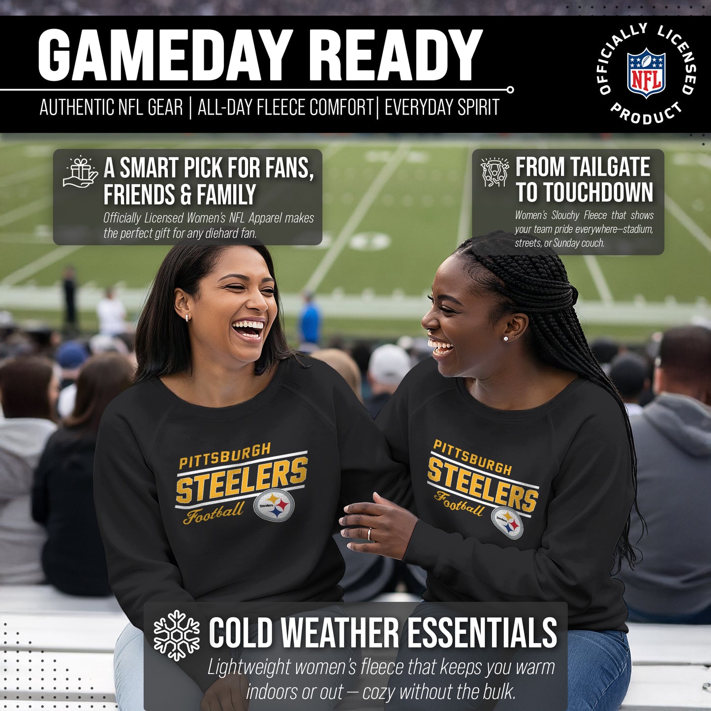 Pittsburgh Steelers NFL Womens Gameday French Terry Slouchy Top- Raglan Sleeves - Black
