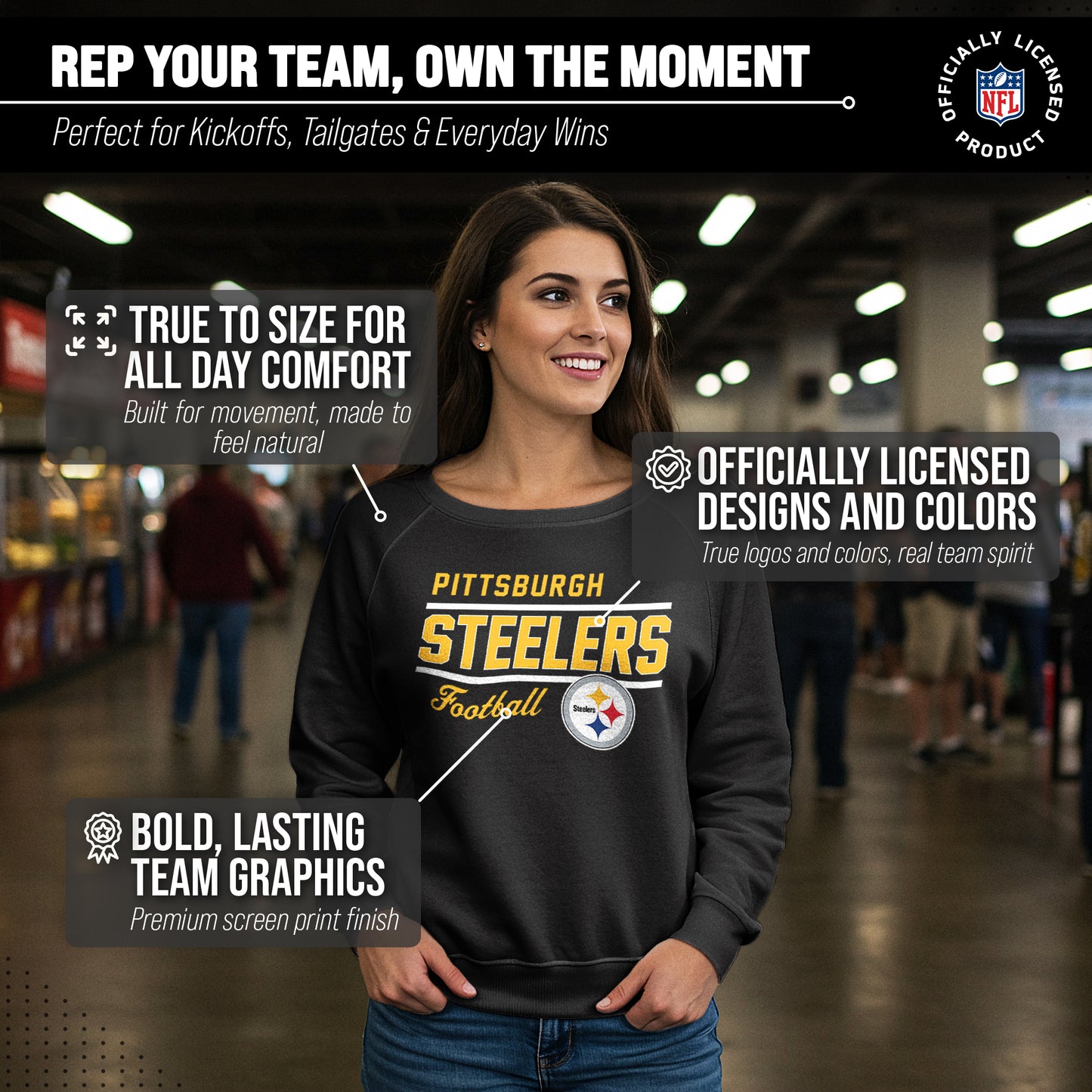 Pittsburgh Steelers NFL Womens Gameday French Terry Slouchy Top- Raglan Sleeves - Black