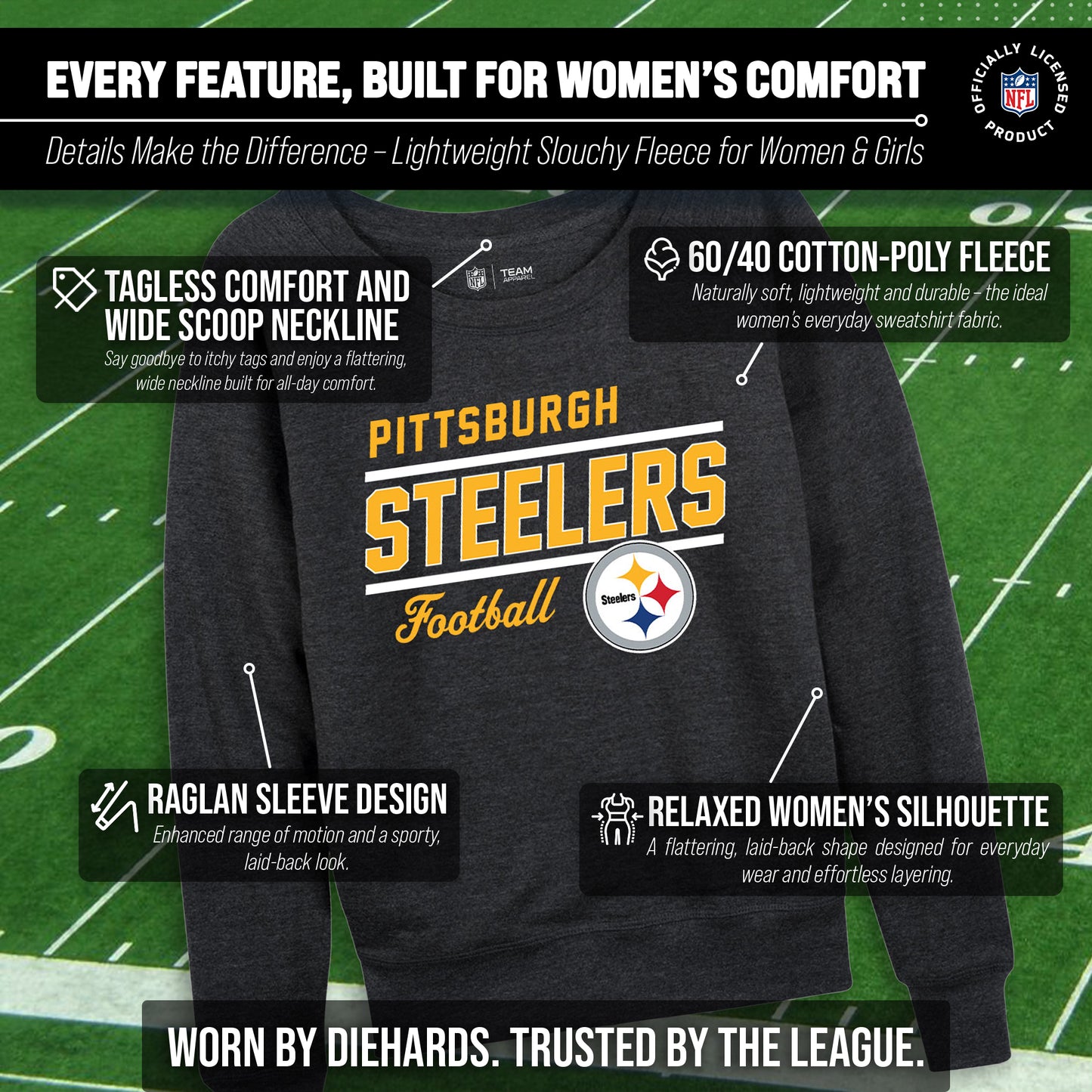 Pittsburgh Steelers NFL Womens Gameday French Terry Slouchy Top- Raglan Sleeves - Charcoal