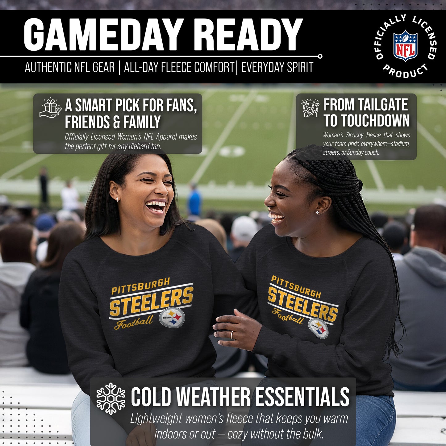 Pittsburgh Steelers NFL Womens Gameday French Terry Slouchy Top- Raglan Sleeves - Charcoal