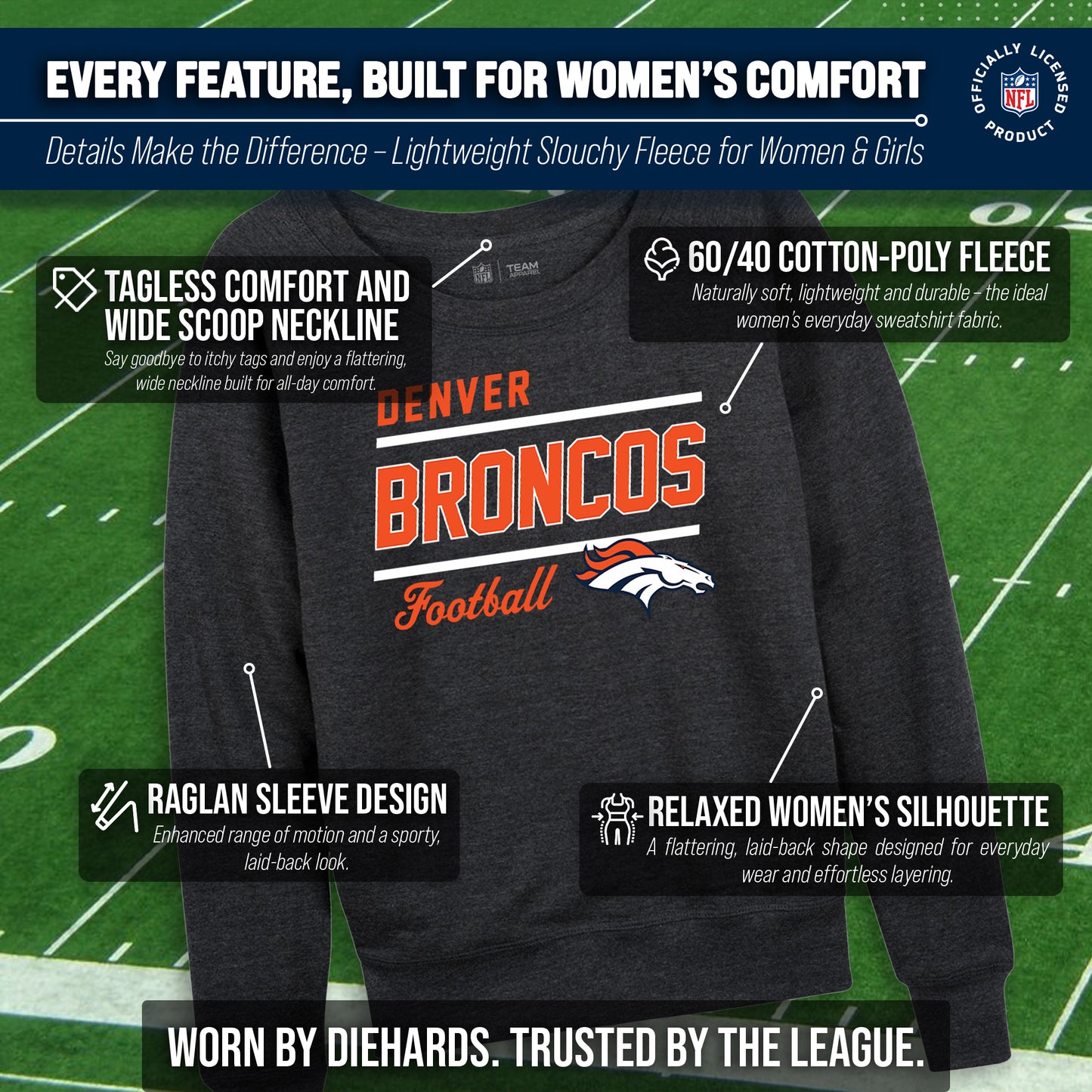 Denver Broncos NFL Womens Gameday French Terry Slouchy Top- Raglan Sleeves - Heather Charcoal