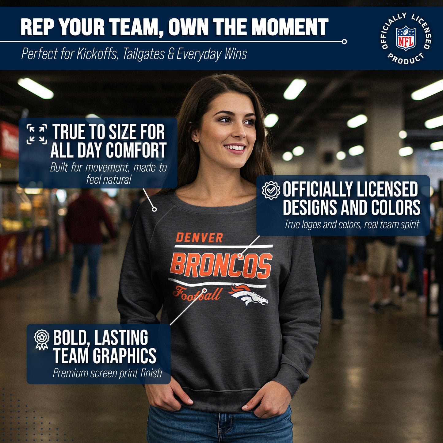 Denver Broncos NFL Womens Gameday French Terry Slouchy Top- Raglan Sleeves - Heather Charcoal