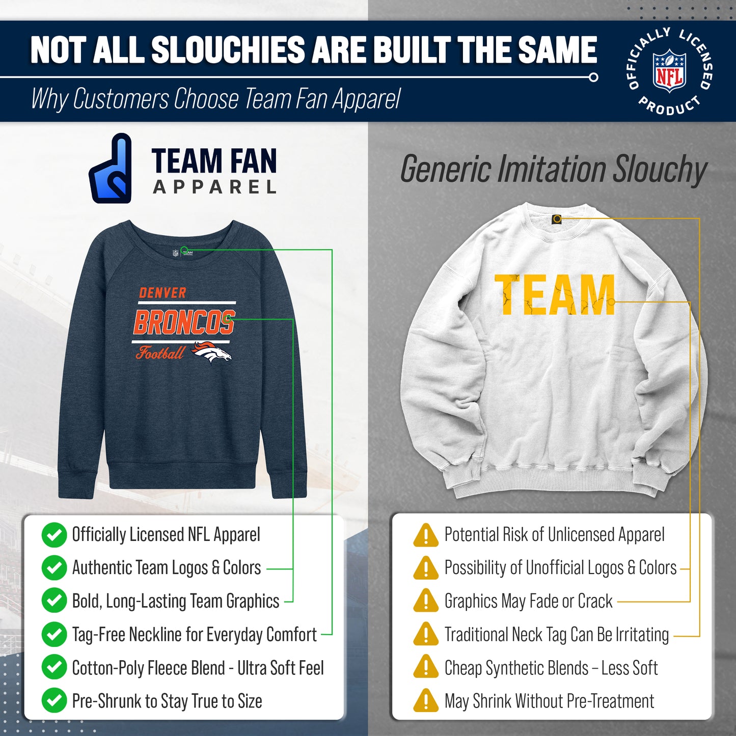 Denver Broncos NFL Womens Gameday French Terry Slouchy Top- Raglan Sleeves - Navy