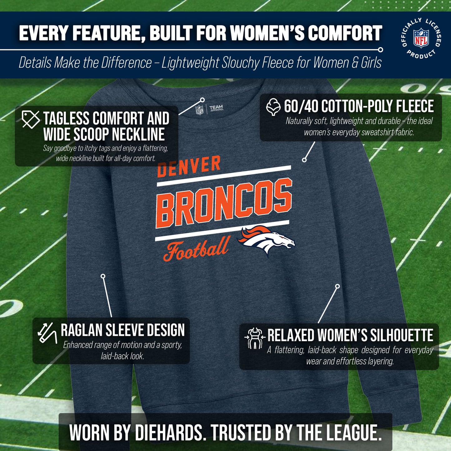 Denver Broncos NFL Womens Gameday French Terry Slouchy Top- Raglan Sleeves - Navy