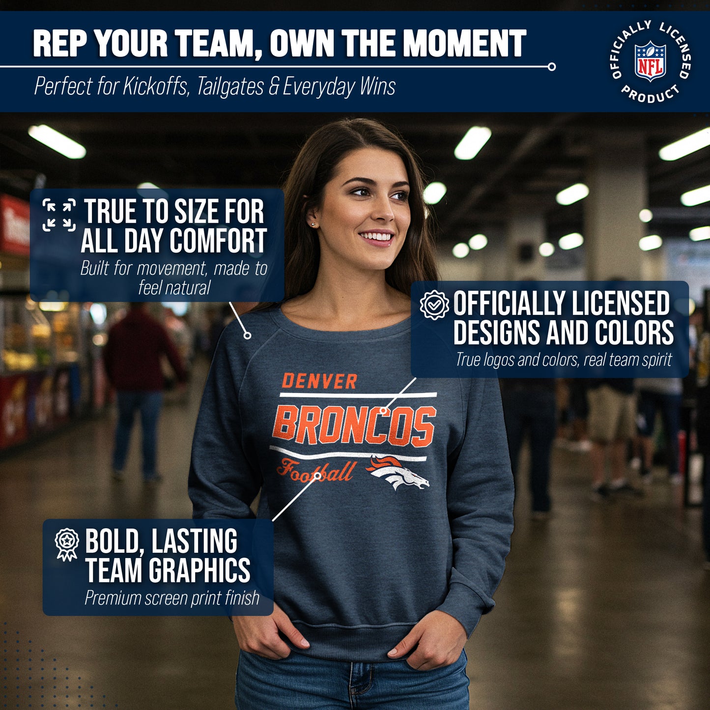 Denver Broncos NFL Womens Gameday French Terry Slouchy Top- Raglan Sleeves - Navy