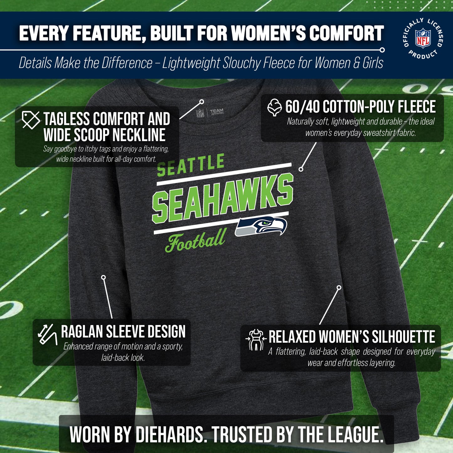 Seattle Seahawks NFL Womens Gameday French Terry Slouchy Top- Raglan Sleeves - Heather Charcoal