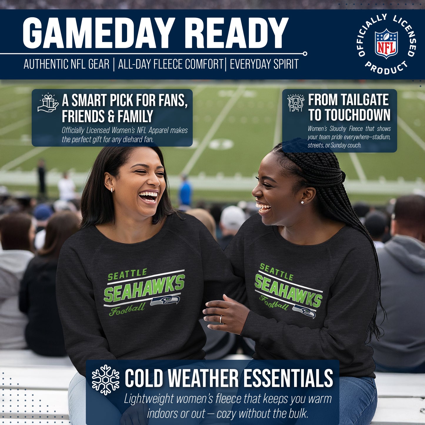 Seattle Seahawks NFL Womens Gameday French Terry Slouchy Top- Raglan Sleeves - Heather Charcoal