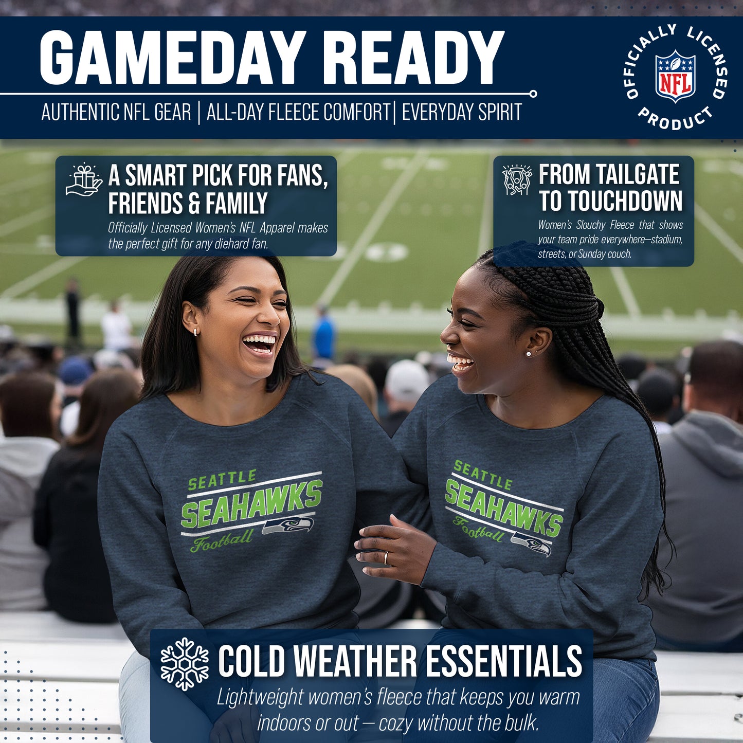 Seattle Seahawks NFL Womens Gameday French Terry Slouchy Top- Raglan Sleeves - Navy