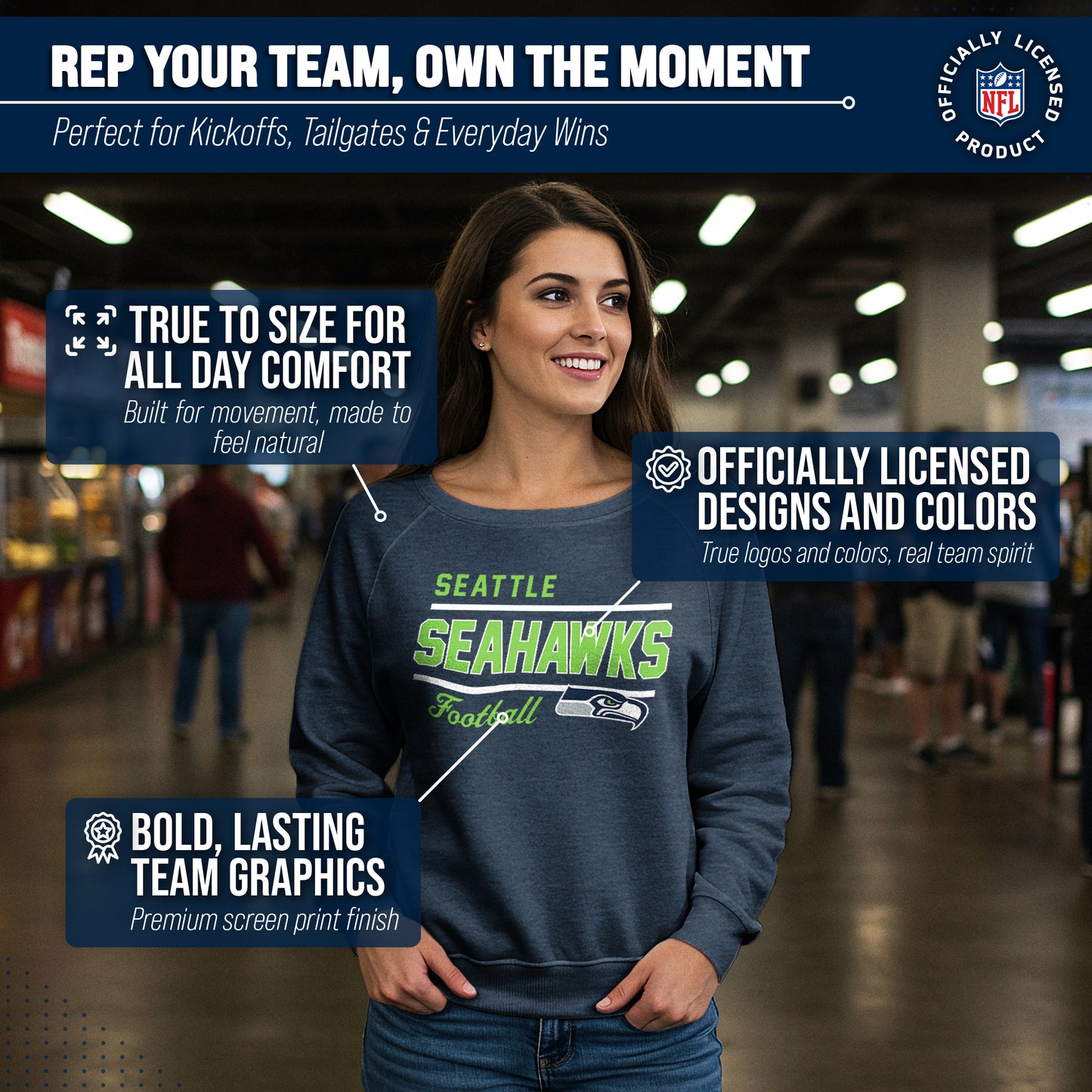 Seattle Seahawks NFL Womens Gameday French Terry Slouchy Top- Raglan Sleeves - Navy