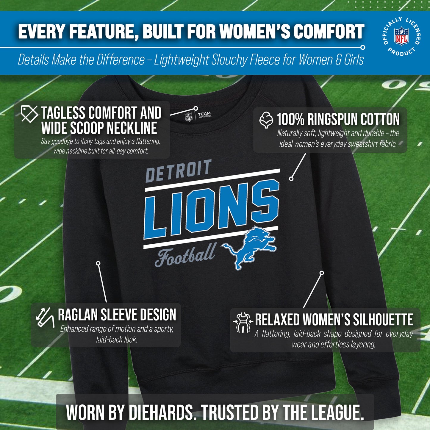 Detroit Lions NFL Womens Gameday French Terry Slouchy Top- Raglan Sleeves - Black