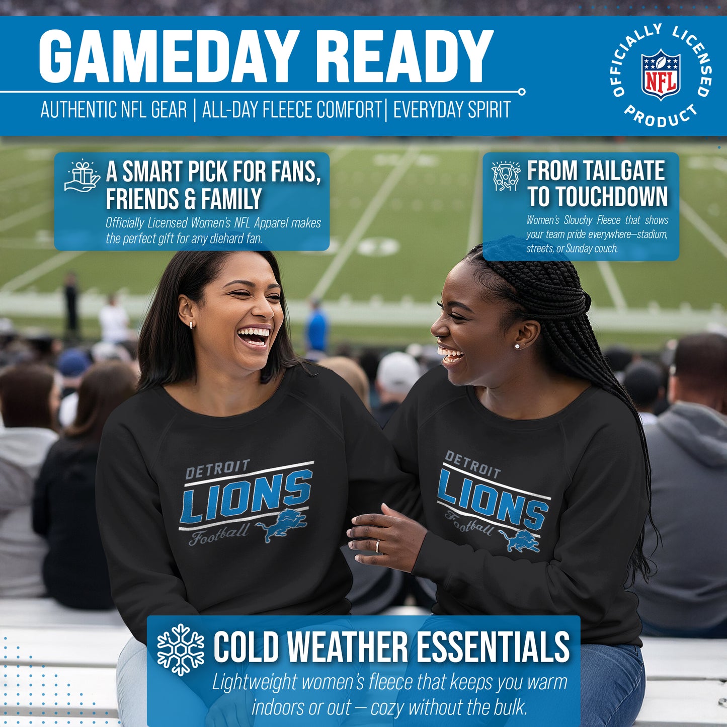 Detroit Lions NFL Womens Gameday French Terry Slouchy Top- Raglan Sleeves - Black