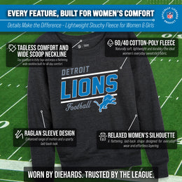 Detroit Lions NFL Womens Gameday French Terry Slouchy Top- Raglan Sleeves - Charcoal
