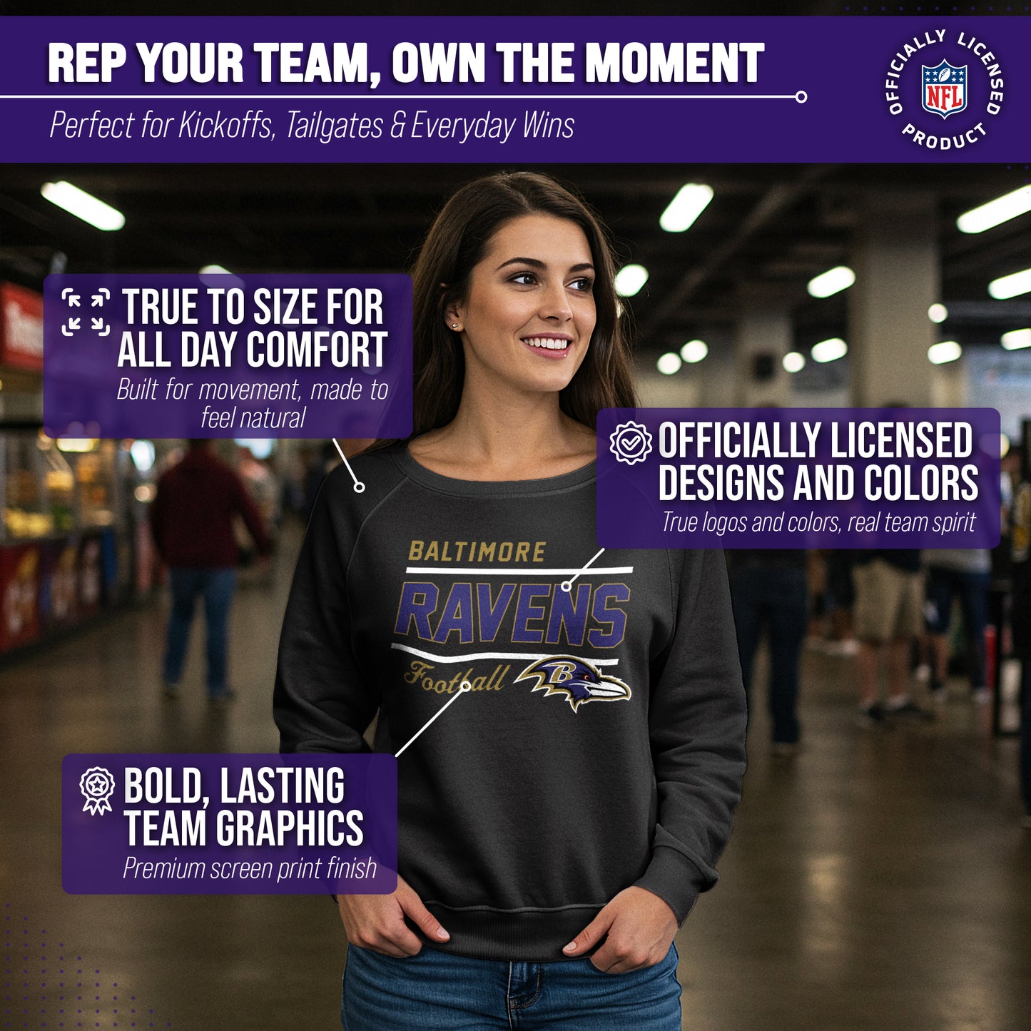 Baltimore Ravens NFL Womens Gameday French Terry Slouchy Top- Raglan Sleeves - Black