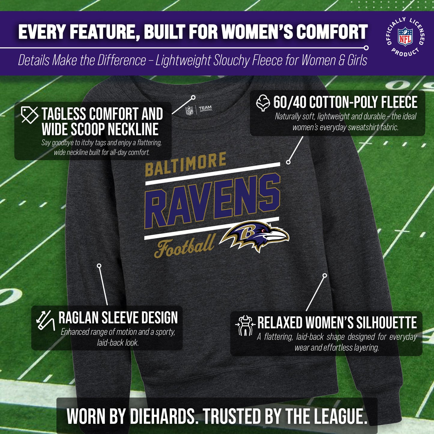 Baltimore Ravens NFL Womens Gameday French Terry Slouchy Top- Raglan Sleeves - Charcoal