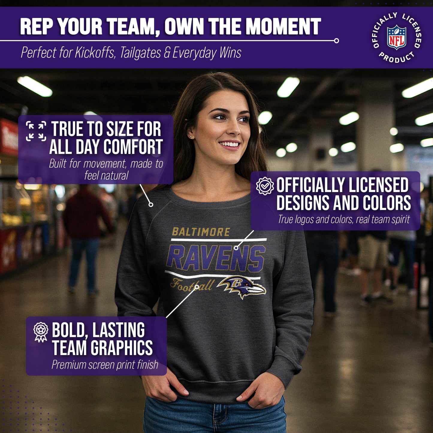 Baltimore Ravens NFL Womens Gameday French Terry Slouchy Top- Raglan Sleeves - Charcoal