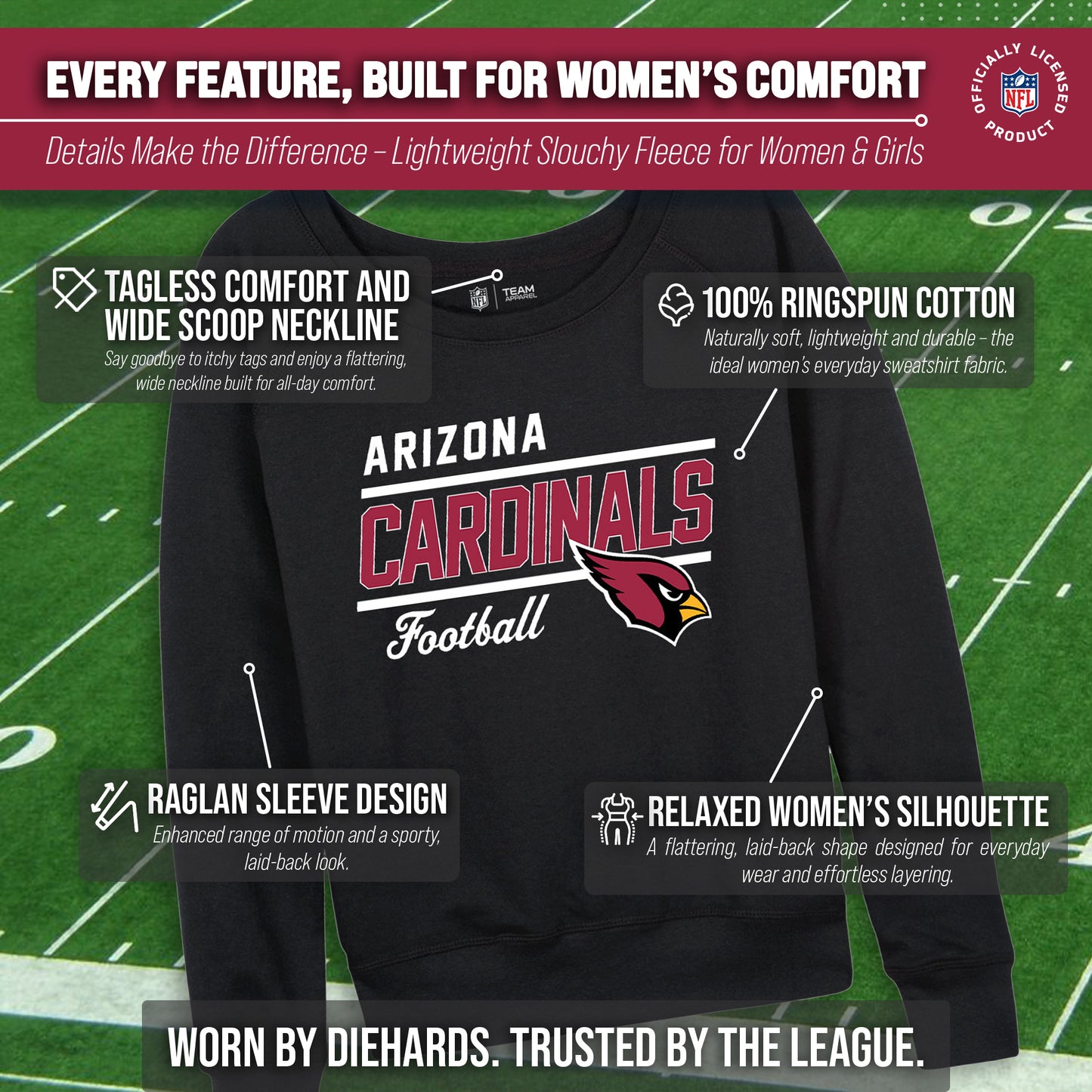 Arizona Cardinals NFL Womens Gameday French Terry Slouchy Top- Raglan Sleeves - Black