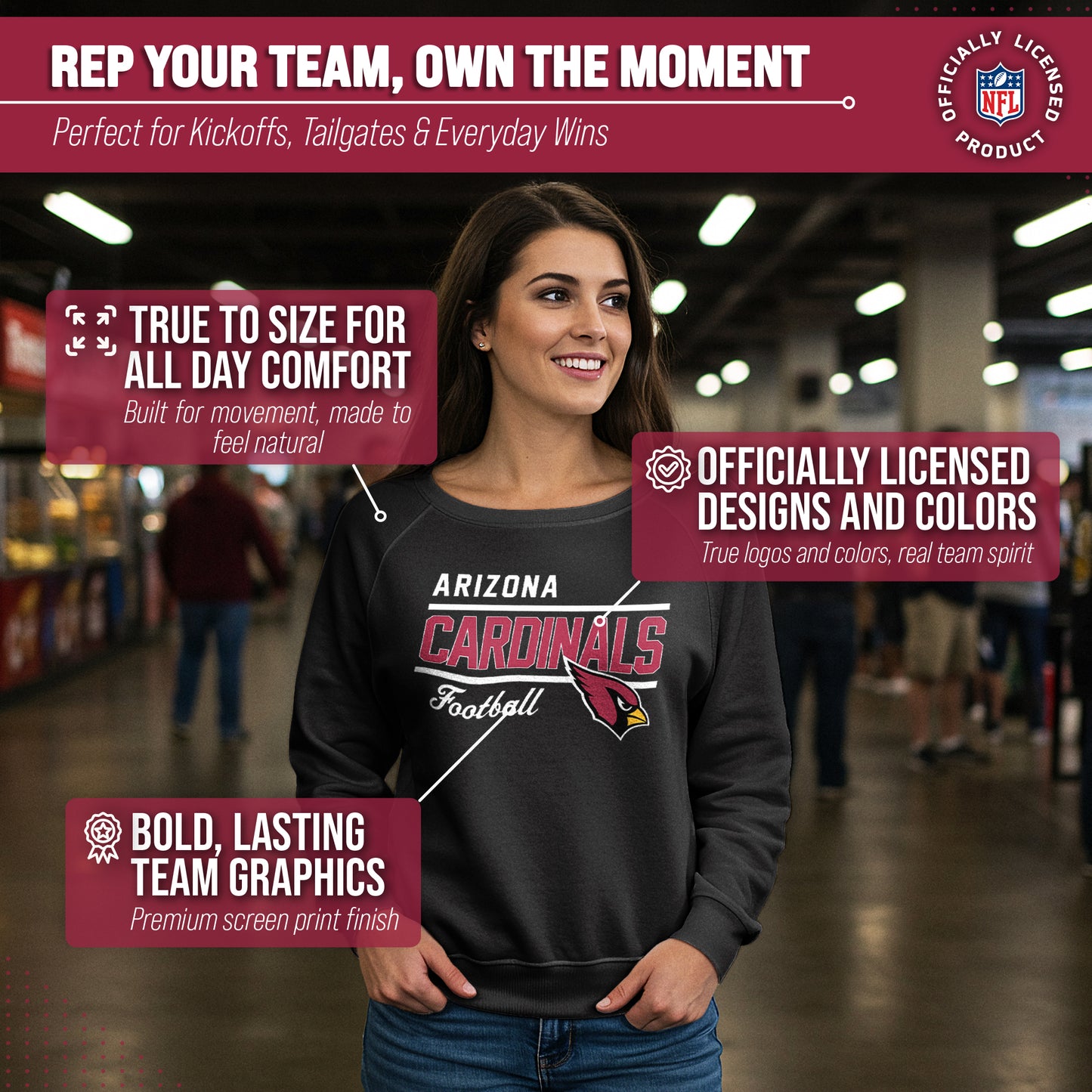 Arizona Cardinals NFL Womens Gameday French Terry Slouchy Top- Raglan Sleeves - Black