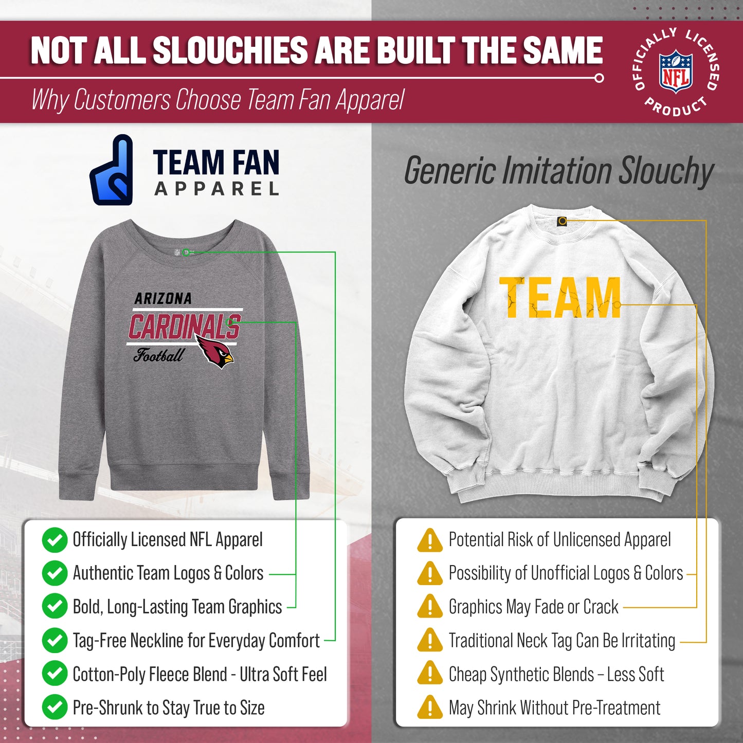 Arizona Cardinals NFL Womens Gameday French Terry Slouchy Top- Raglan Sleeves - Sport Gray