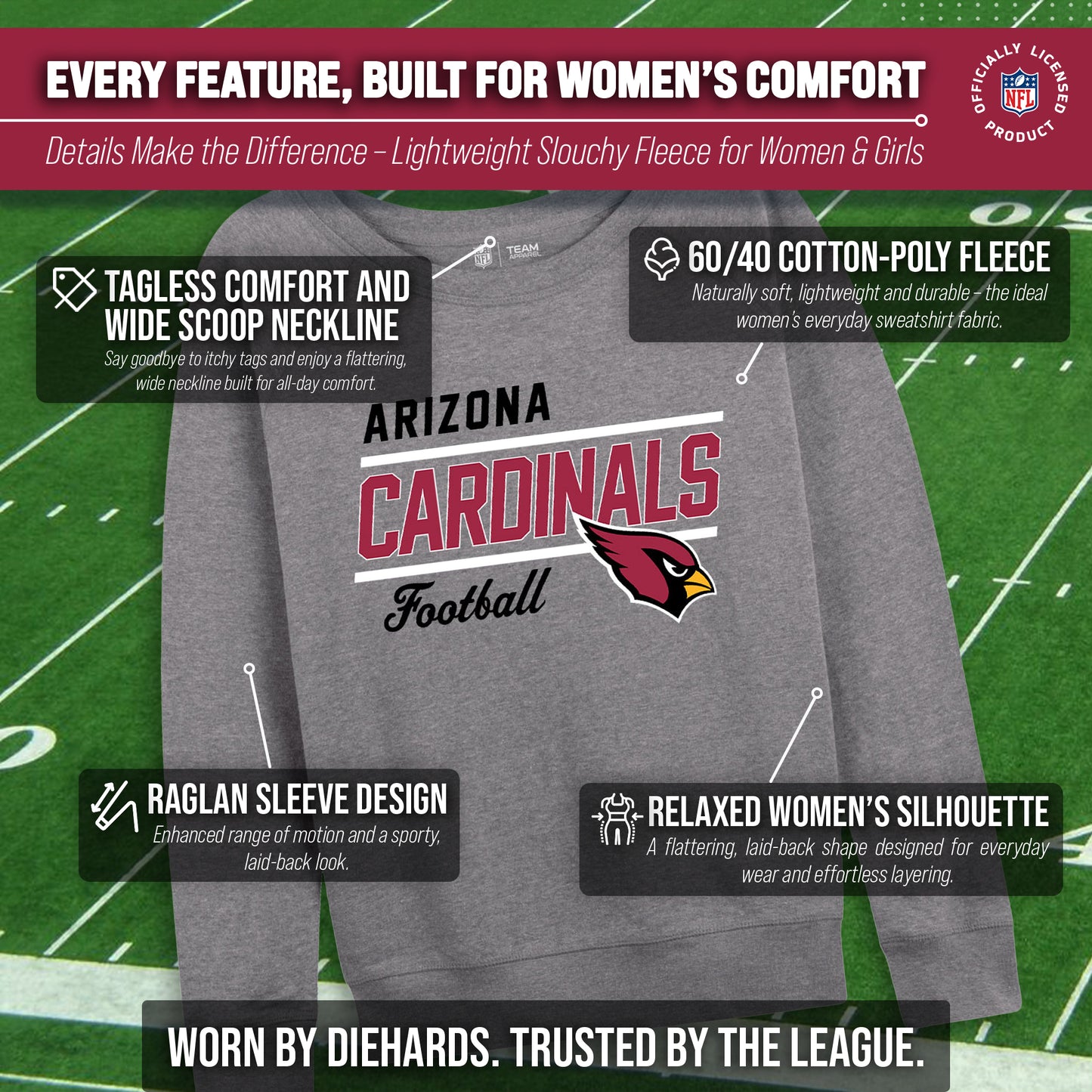 Arizona Cardinals NFL Womens Gameday French Terry Slouchy Top- Raglan Sleeves - Sport Gray