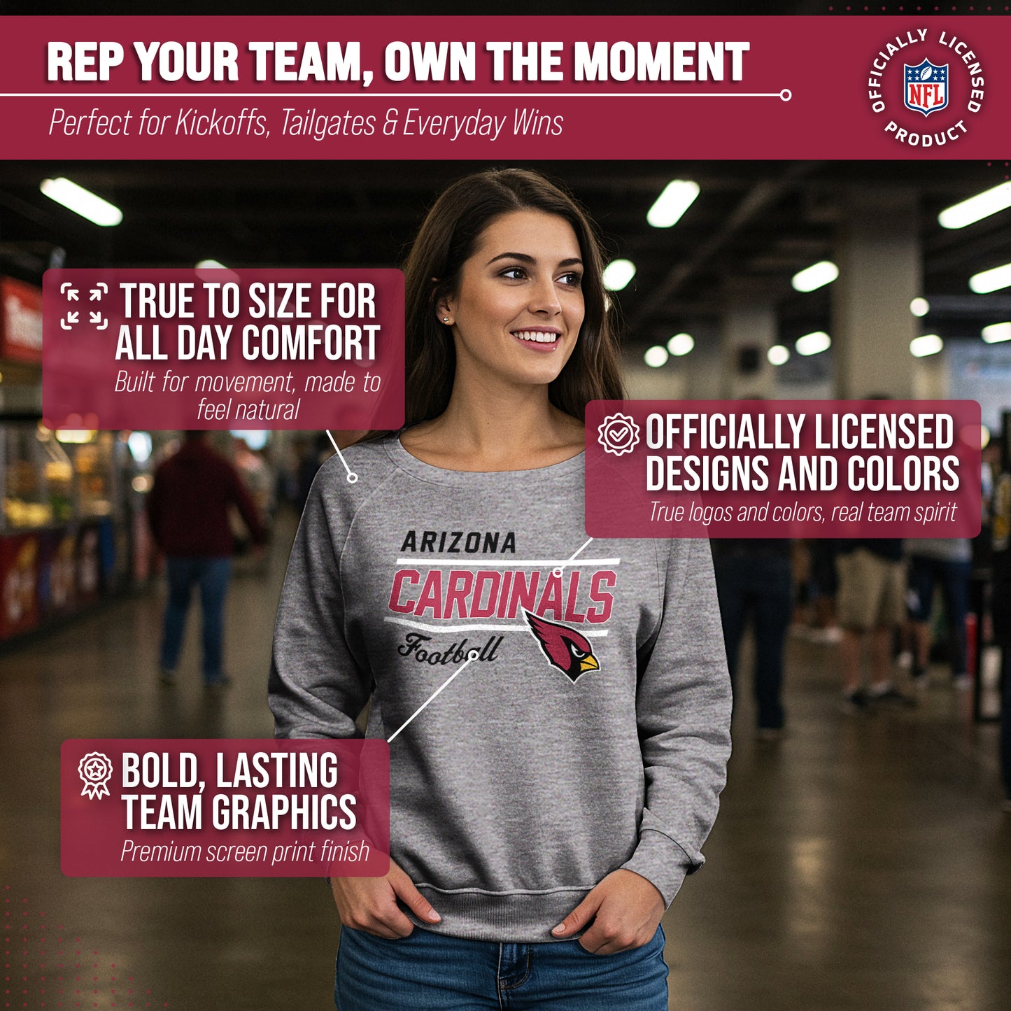 Arizona Cardinals NFL Womens Gameday French Terry Slouchy Top- Raglan Sleeves - Sport Gray