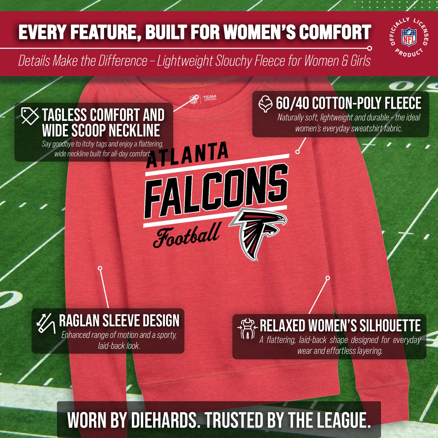 Atlanta Falcons NFL Womens Gameday French Terry Slouchy Top- Raglan Sleeves - Red