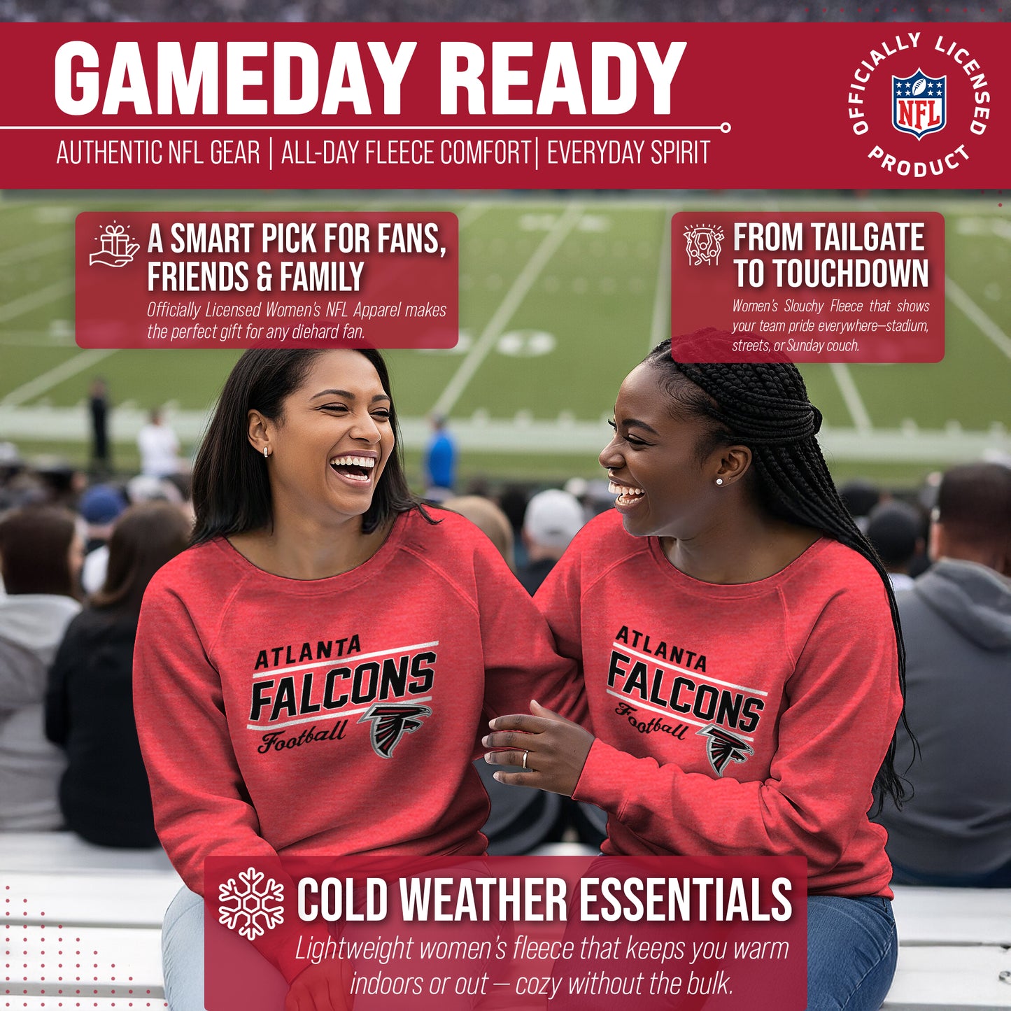 Atlanta Falcons NFL Womens Gameday French Terry Slouchy Top- Raglan Sleeves - Red