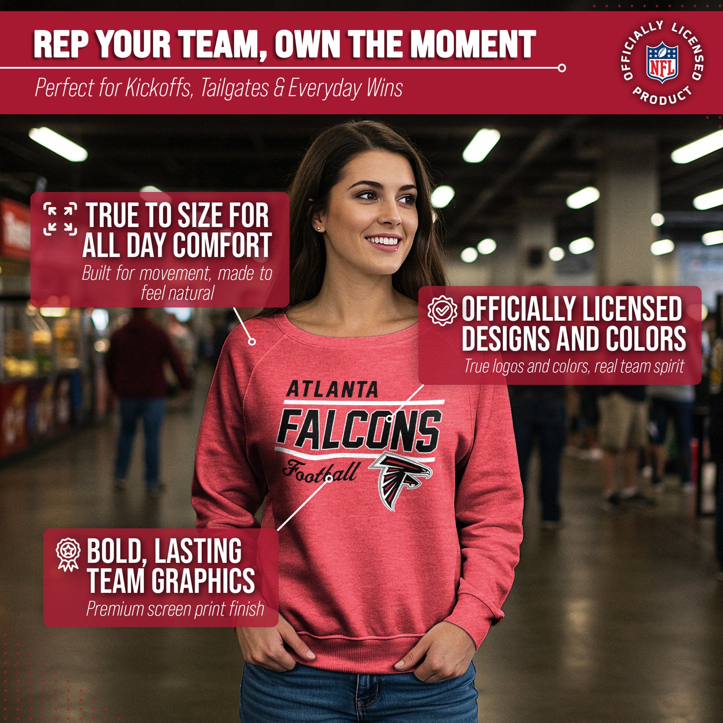 Atlanta Falcons NFL Womens Gameday French Terry Slouchy Top- Raglan Sleeves - Red