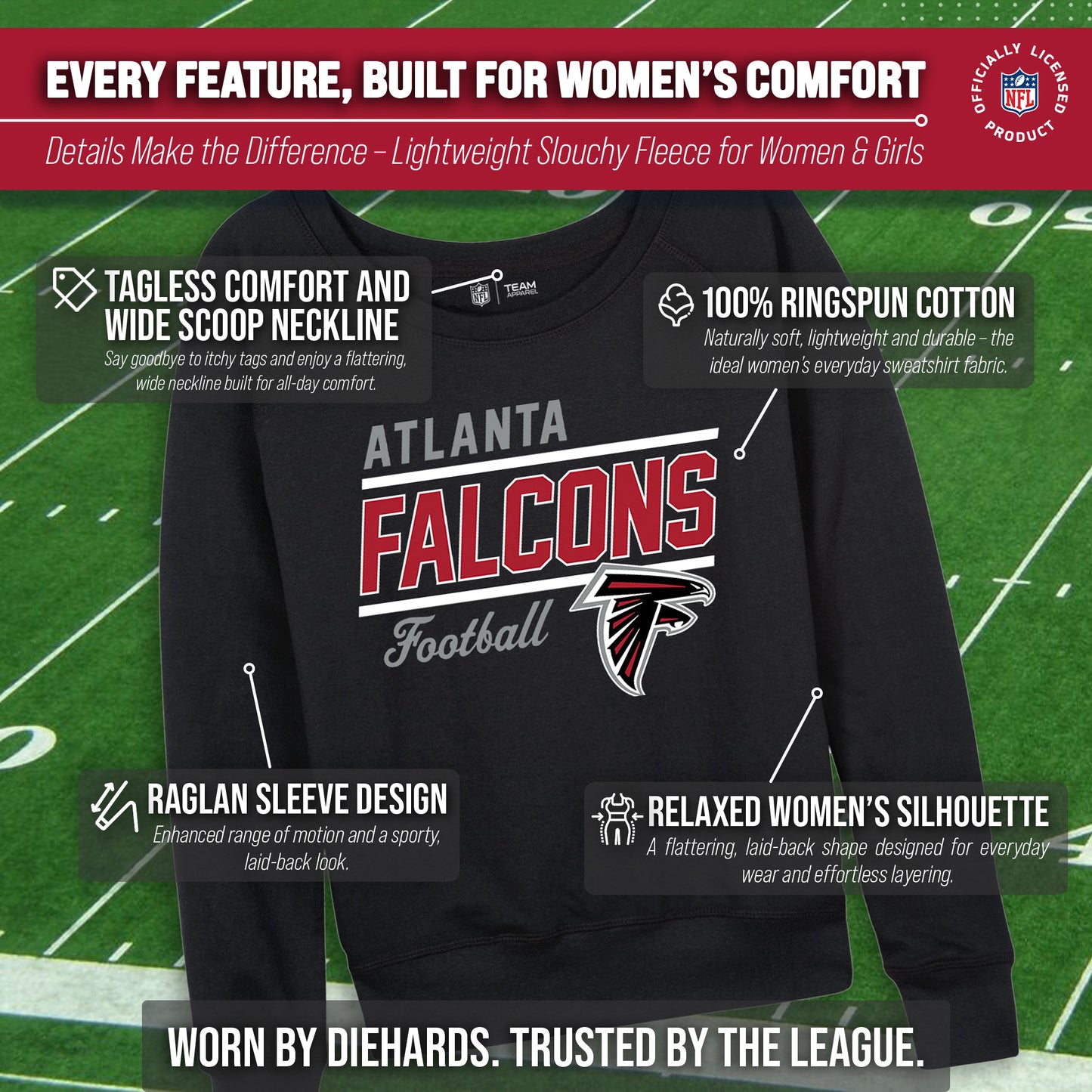 Atlanta Falcons NFL Womens Gameday French Terry Slouchy Top- Raglan Sleeves - Black