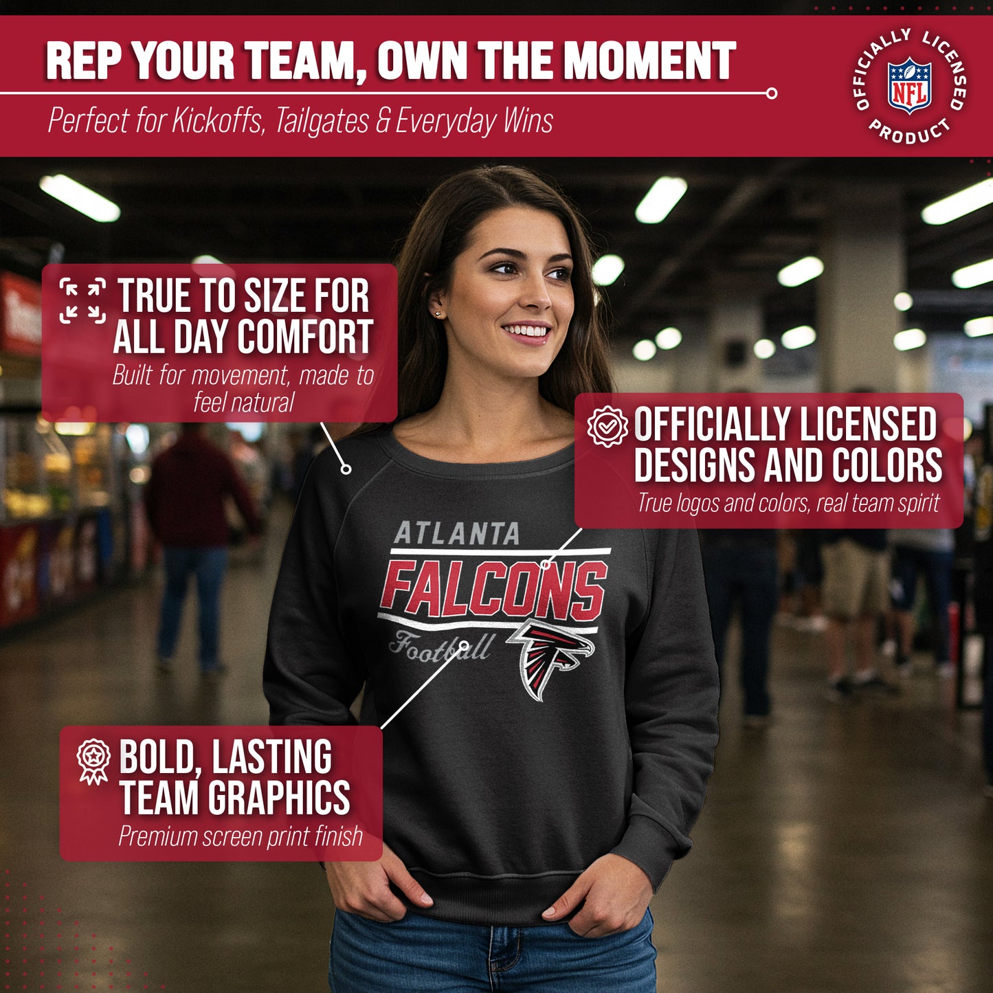 Atlanta Falcons NFL Womens Gameday French Terry Slouchy Top- Raglan Sleeves - Black