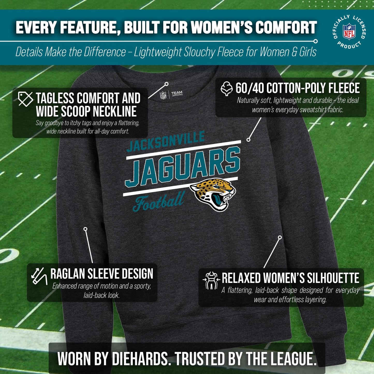 Jacksonville Jaguars NFL Womens Gameday French Terry Slouchy Top- Raglan Sleeves - Charcoal