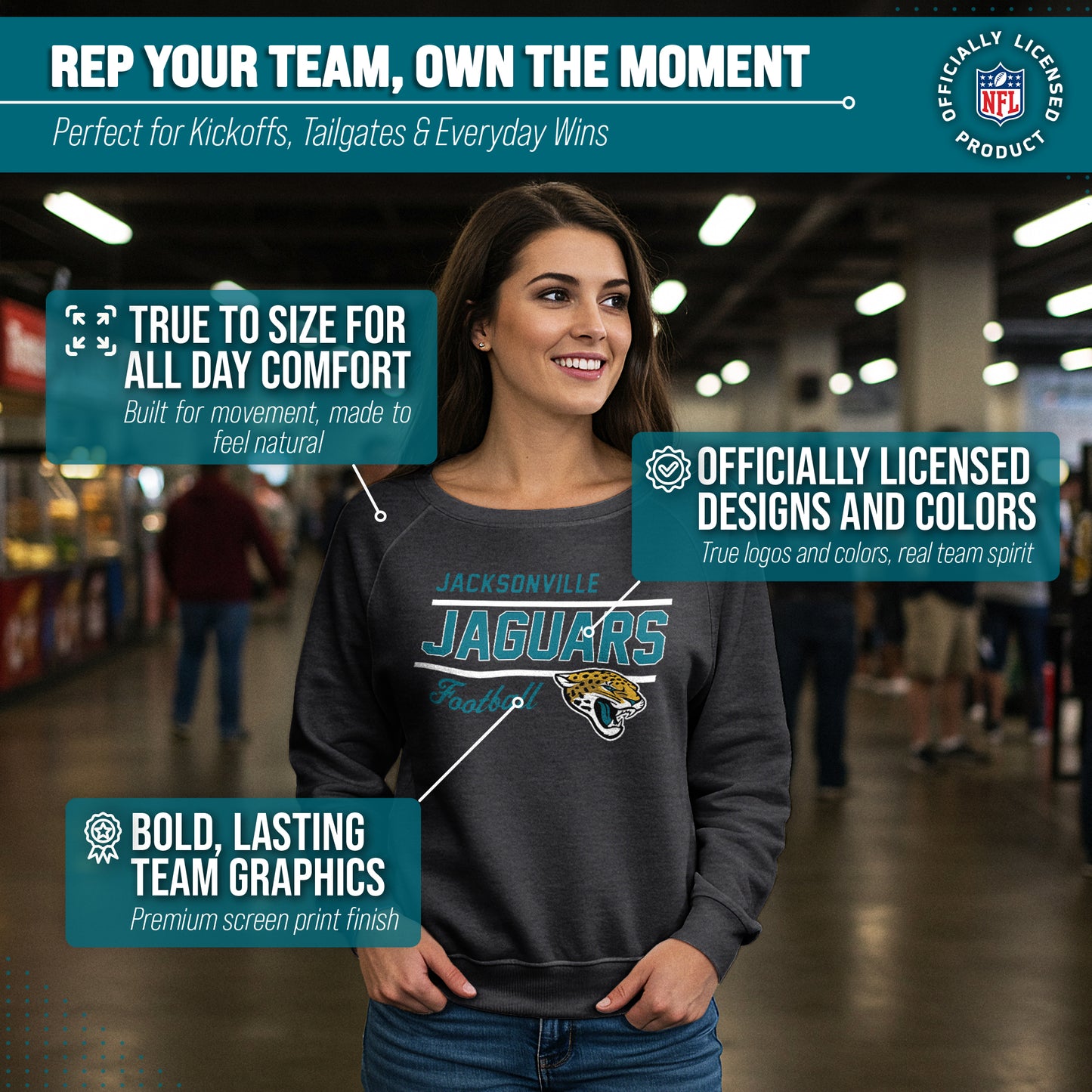 Jacksonville Jaguars NFL Womens Gameday French Terry Slouchy Top- Raglan Sleeves - Charcoal