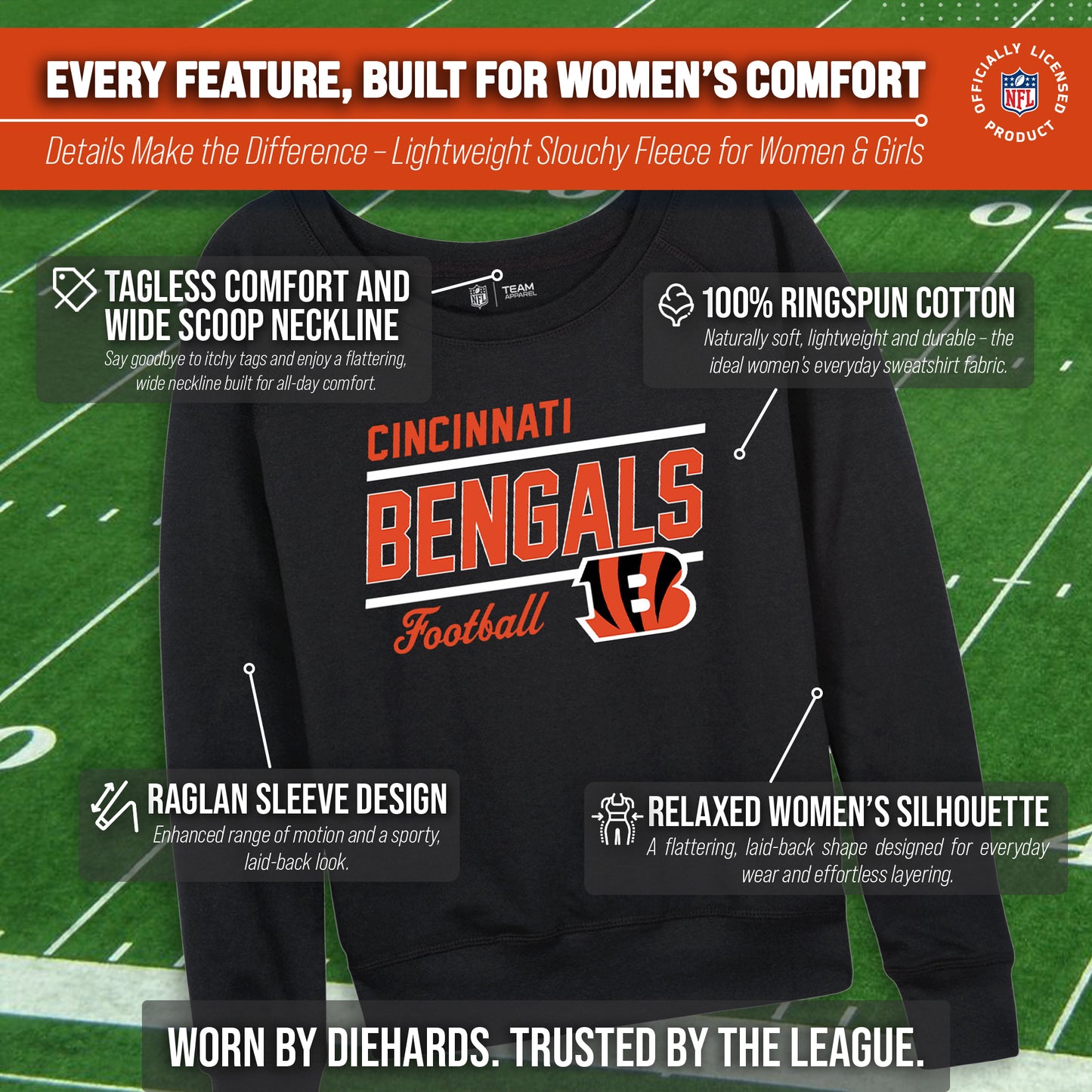 Cincinnati Bengals NFL Womens Gameday French Terry Slouchy Top- Raglan Sleeves - Black