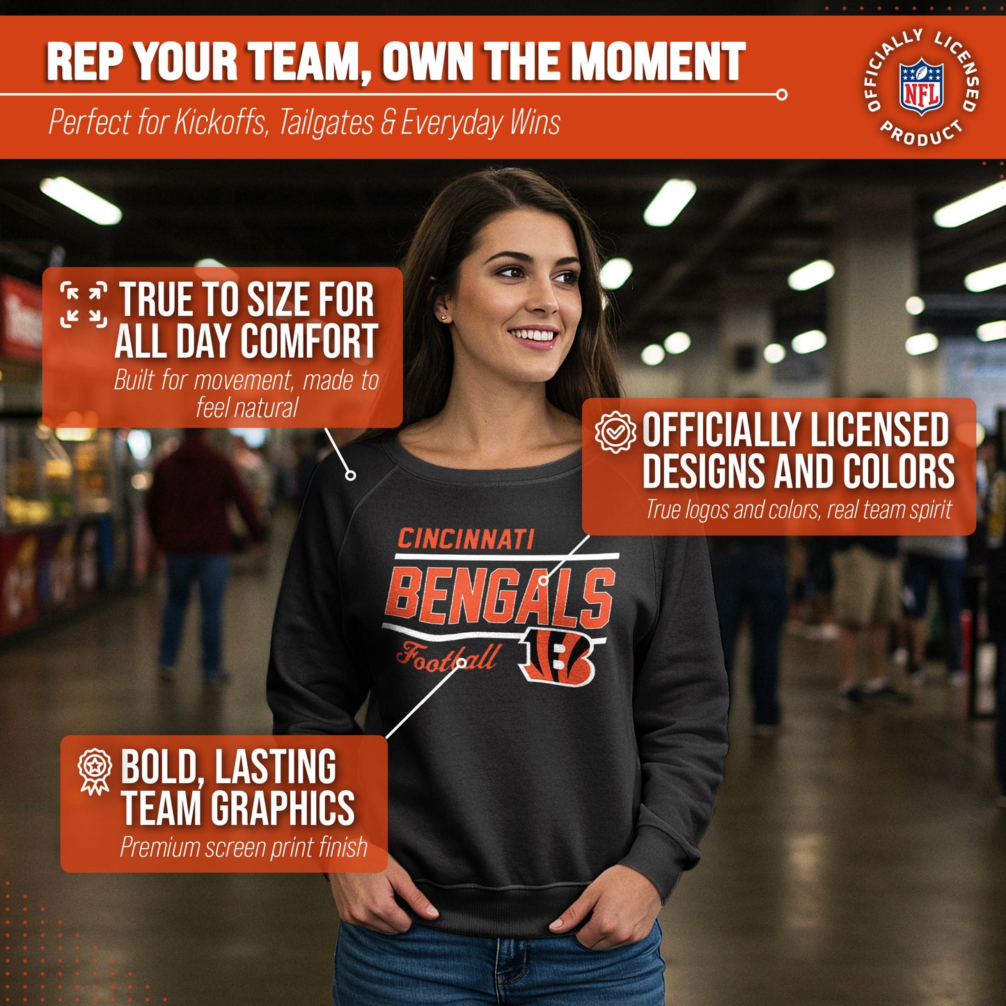 Cincinnati Bengals NFL Womens Gameday French Terry Slouchy Top- Raglan Sleeves - Black