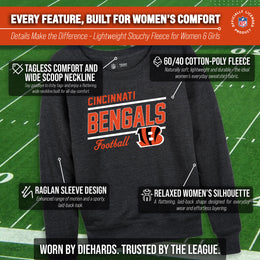 Cincinnati Bengals NFL Womens Gameday French Terry Slouchy Top- Raglan Sleeves - Charcoal