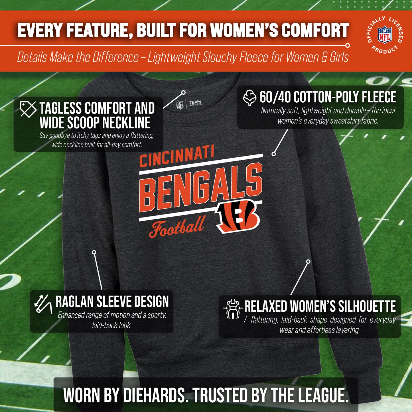 Cincinnati Bengals NFL Womens Gameday French Terry Slouchy Top- Raglan Sleeves - Charcoal