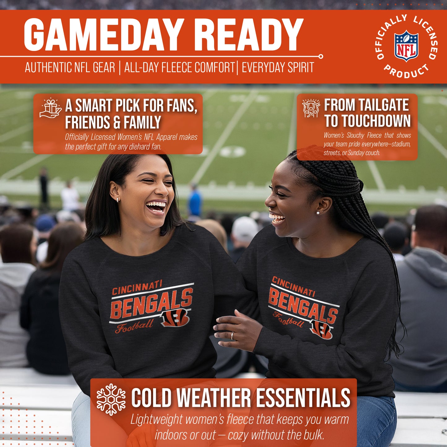Cincinnati Bengals NFL Womens Gameday French Terry Slouchy Top- Raglan Sleeves - Charcoal