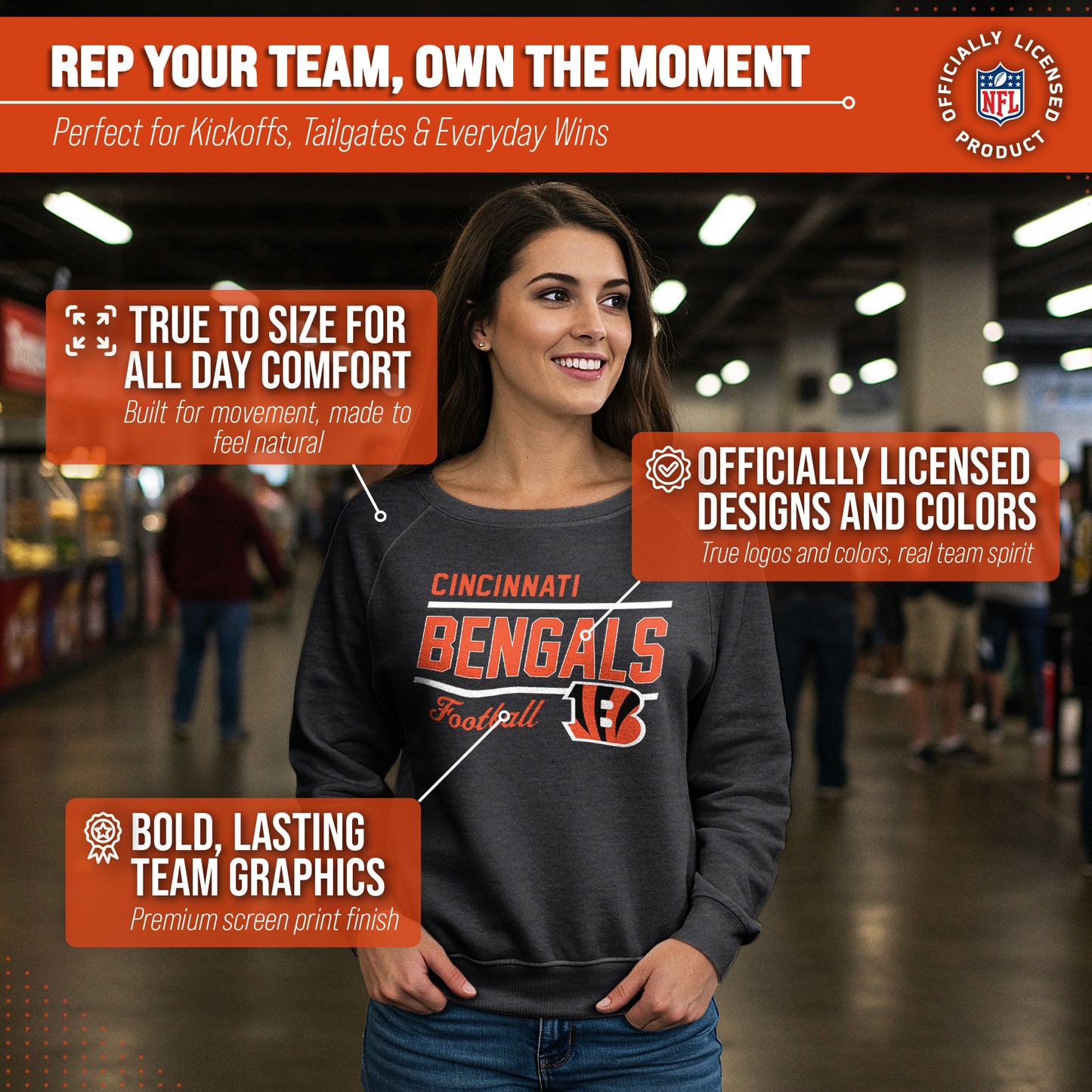 Cincinnati Bengals NFL Womens Gameday French Terry Slouchy Top- Raglan Sleeves - Charcoal
