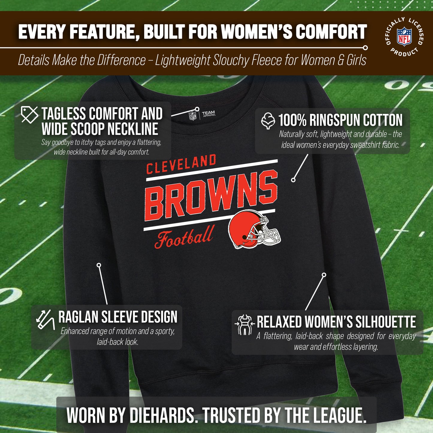 Cleveland Browns NFL Womens Gameday French Terry Slouchy Top- Raglan Sleeves - Black