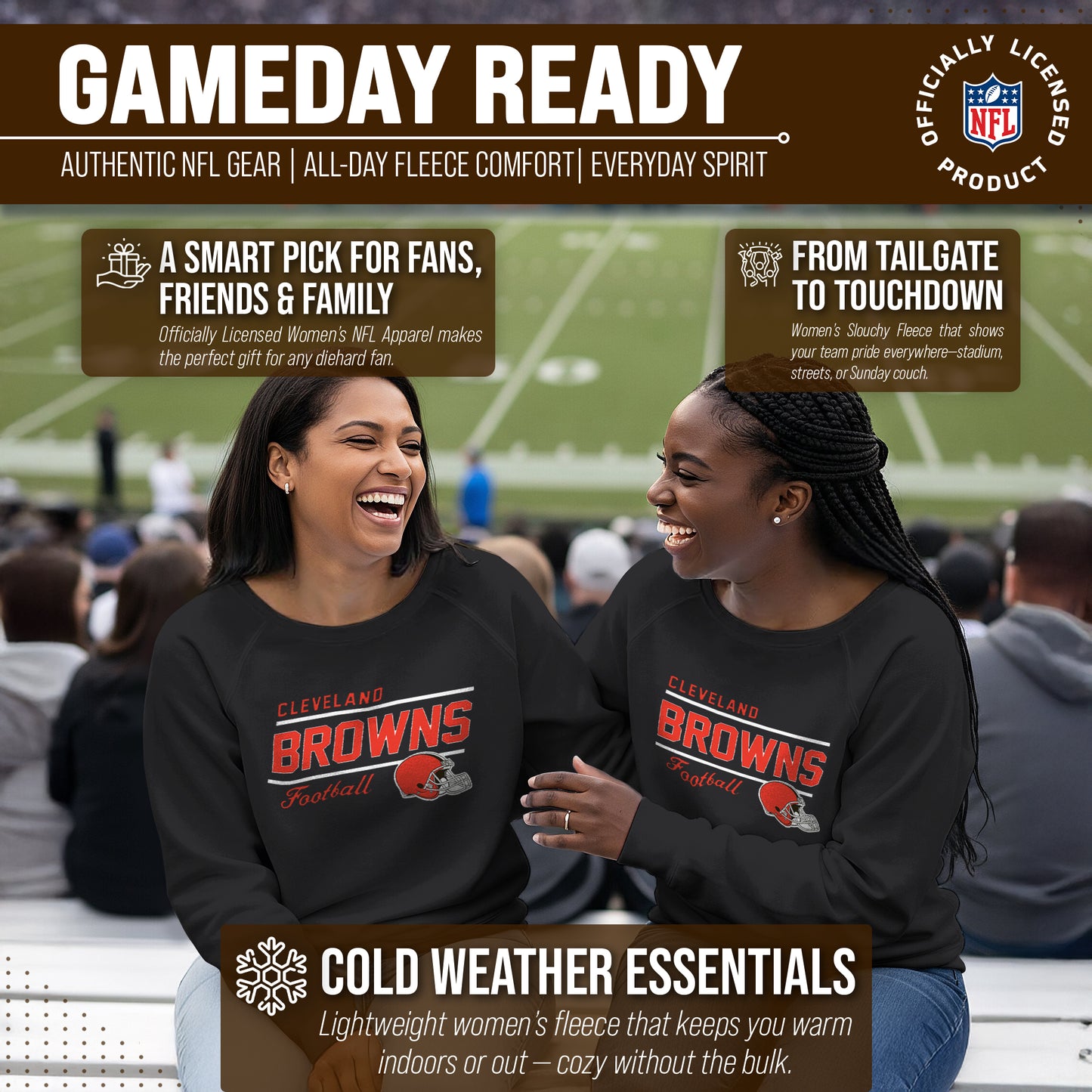 Cleveland Browns NFL Womens Gameday French Terry Slouchy Top- Raglan Sleeves - Black