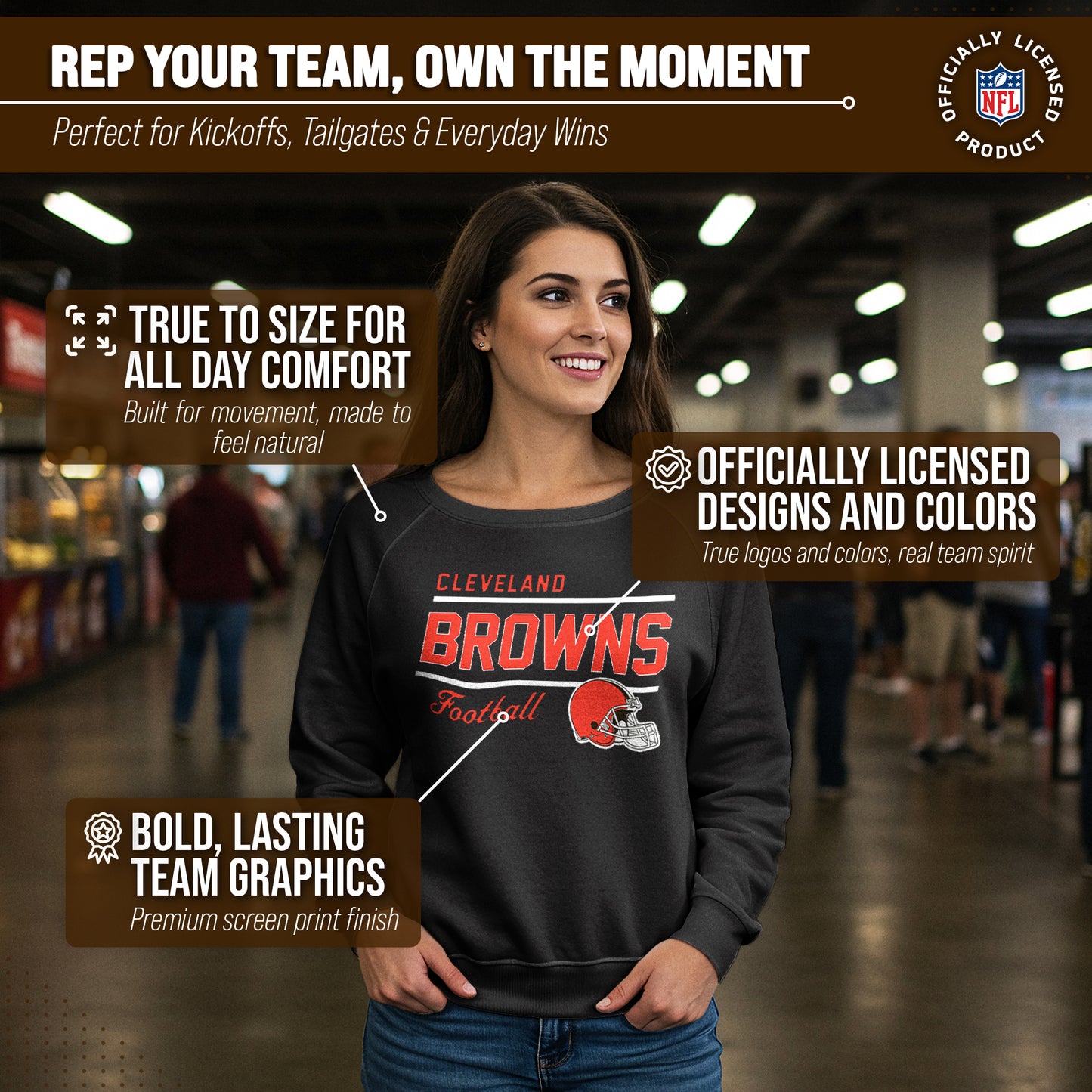 Cleveland Browns NFL Womens Gameday French Terry Slouchy Top- Raglan Sleeves - Black