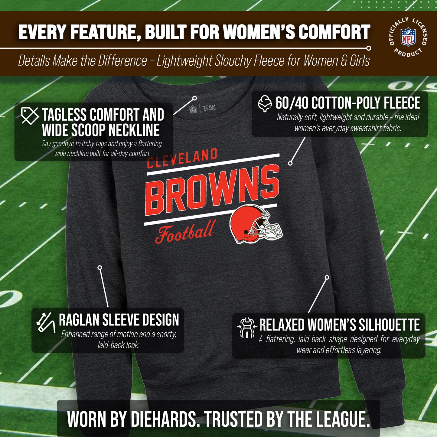 Cleveland Browns NFL Womens Gameday French Terry Slouchy Top- Raglan Sleeves - Charcoal