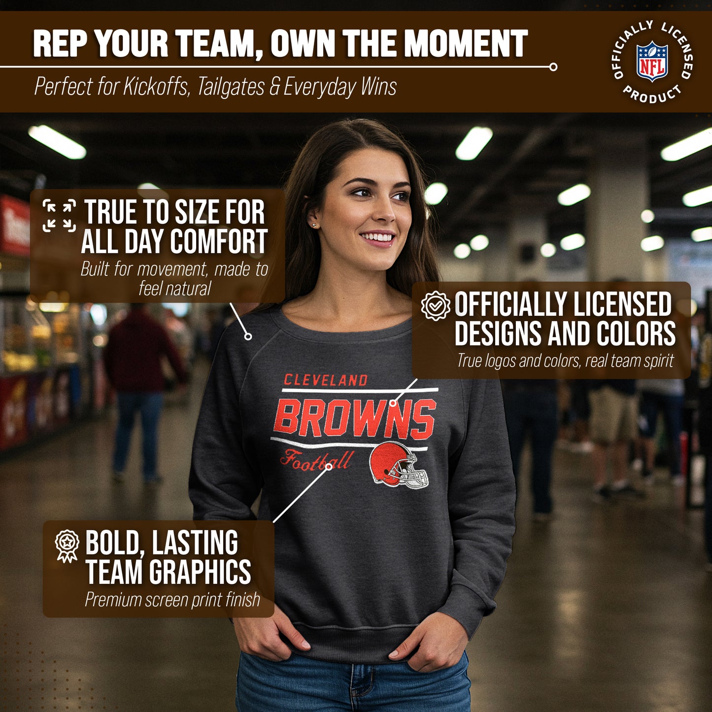 Cleveland Browns NFL Womens Gameday French Terry Slouchy Top- Raglan Sleeves - Charcoal