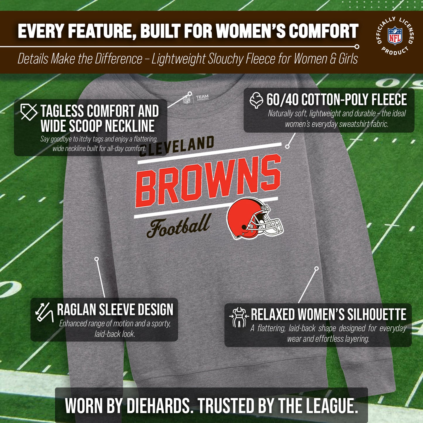 Cleveland Browns NFL Womens Gameday French Terry Slouchy Top- Raglan Sleeves - Sport Gray