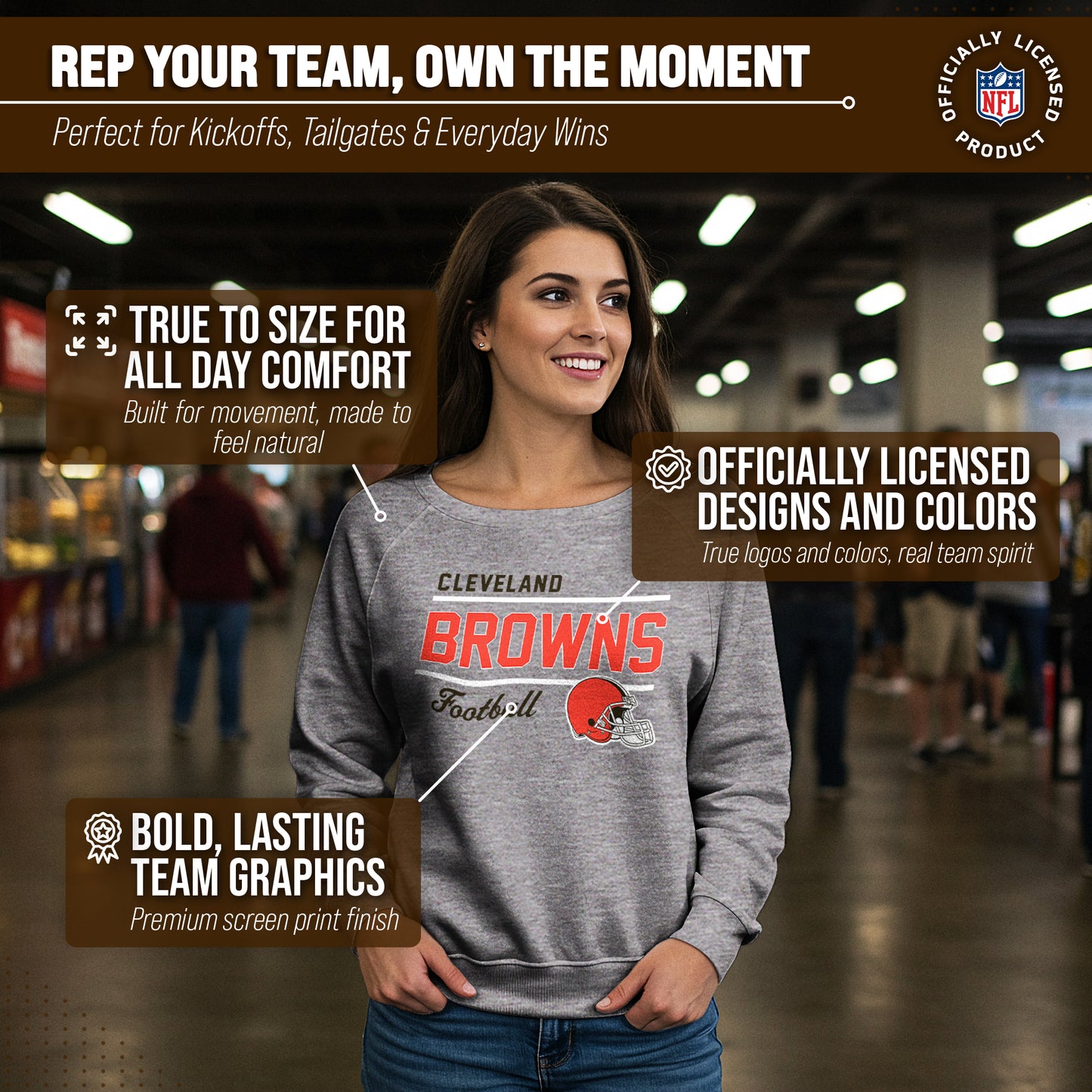 Cleveland Browns NFL Womens Gameday French Terry Slouchy Top- Raglan Sleeves - Sport Gray