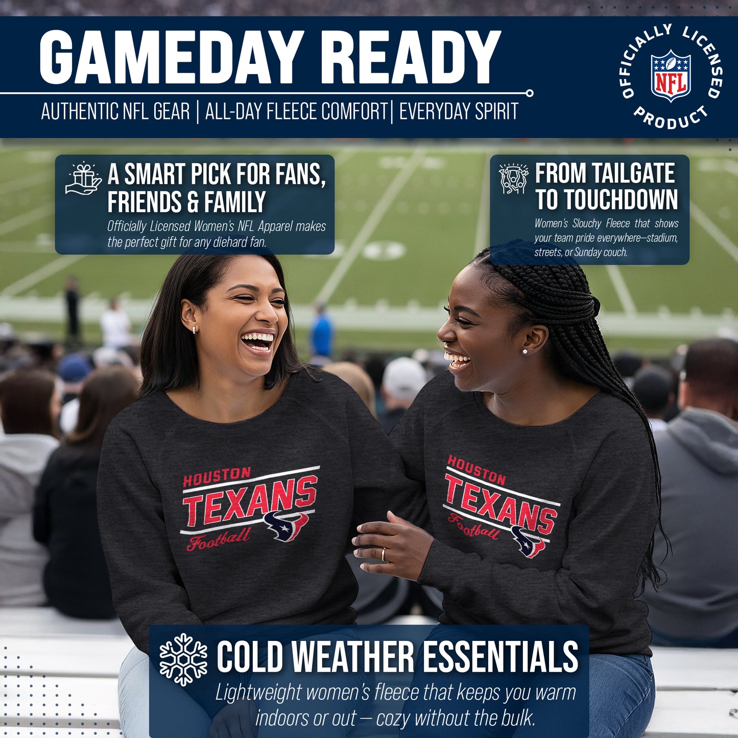 Houston Texans NFL Womens Gameday French Terry Slouchy Top- Raglan Sleeves - Heather Charcoal
