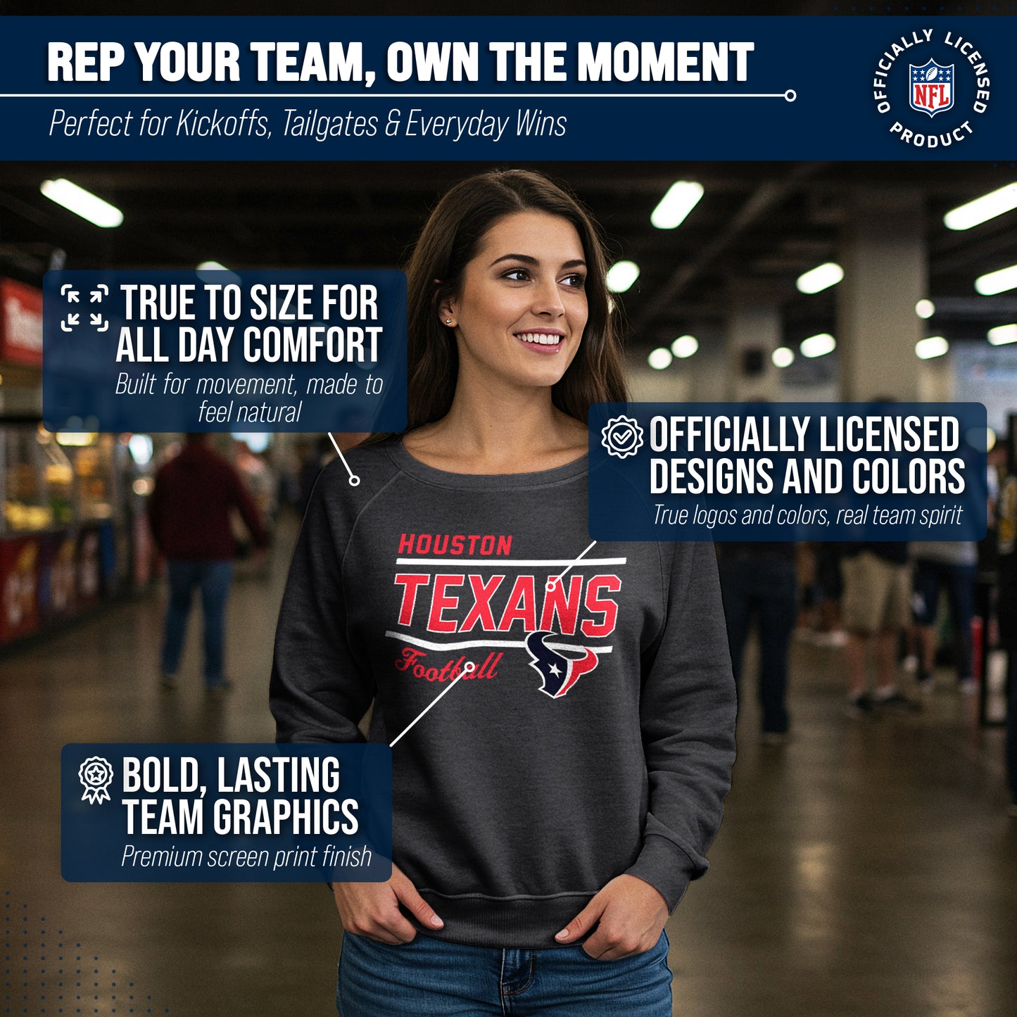 Houston Texans NFL Womens Gameday French Terry Slouchy Top- Raglan Sleeves - Heather Charcoal